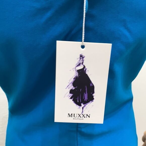 MUXXN Large Turquoise Blue  Asymmetrical Short Sleeve Midi Dress NEW SLIMMING - Picture 8 of 14